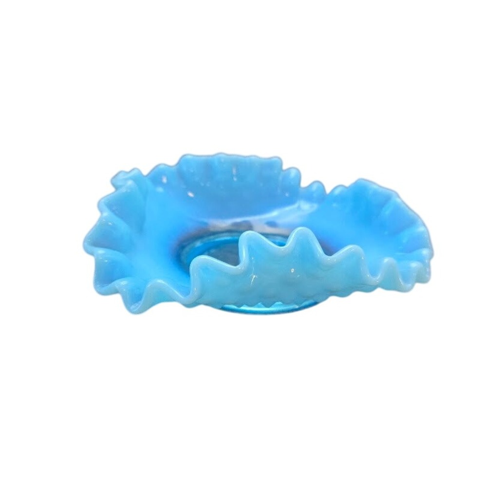 Vintage Fenton Blue Opalescent Hobnail Glass Candy Dish Bonbon Ruffled‎ Rim
